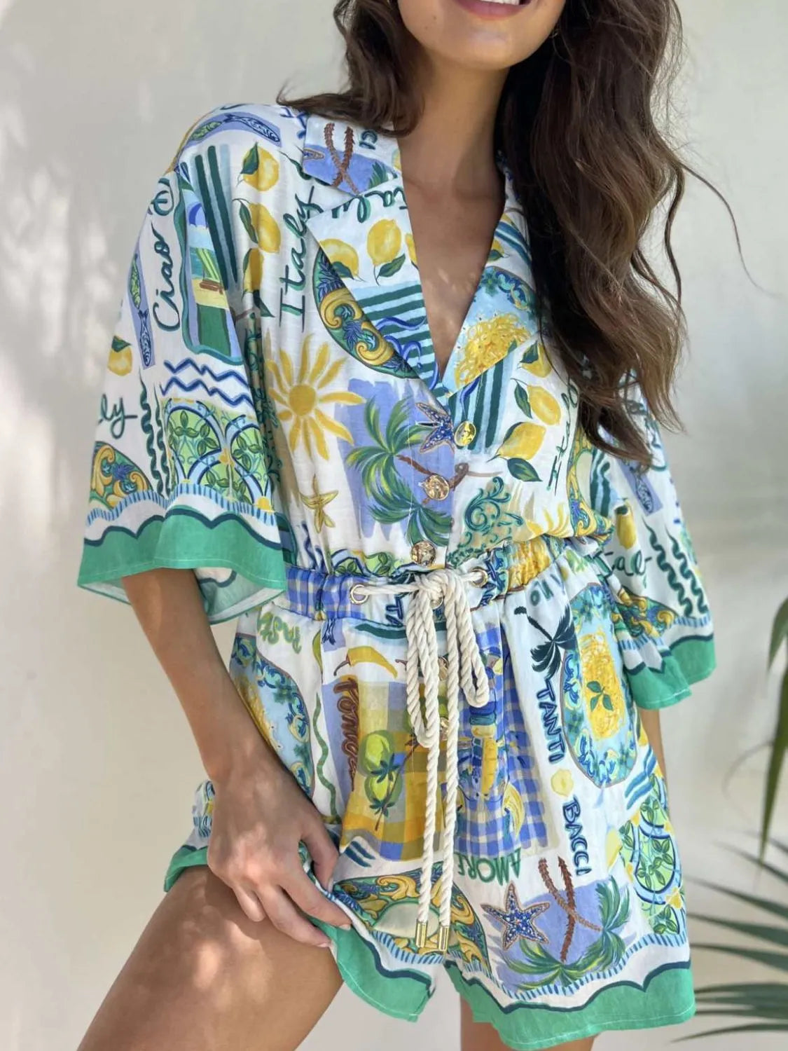 Printed Collared Neck Half Sleeve Romper - Lilixa.store