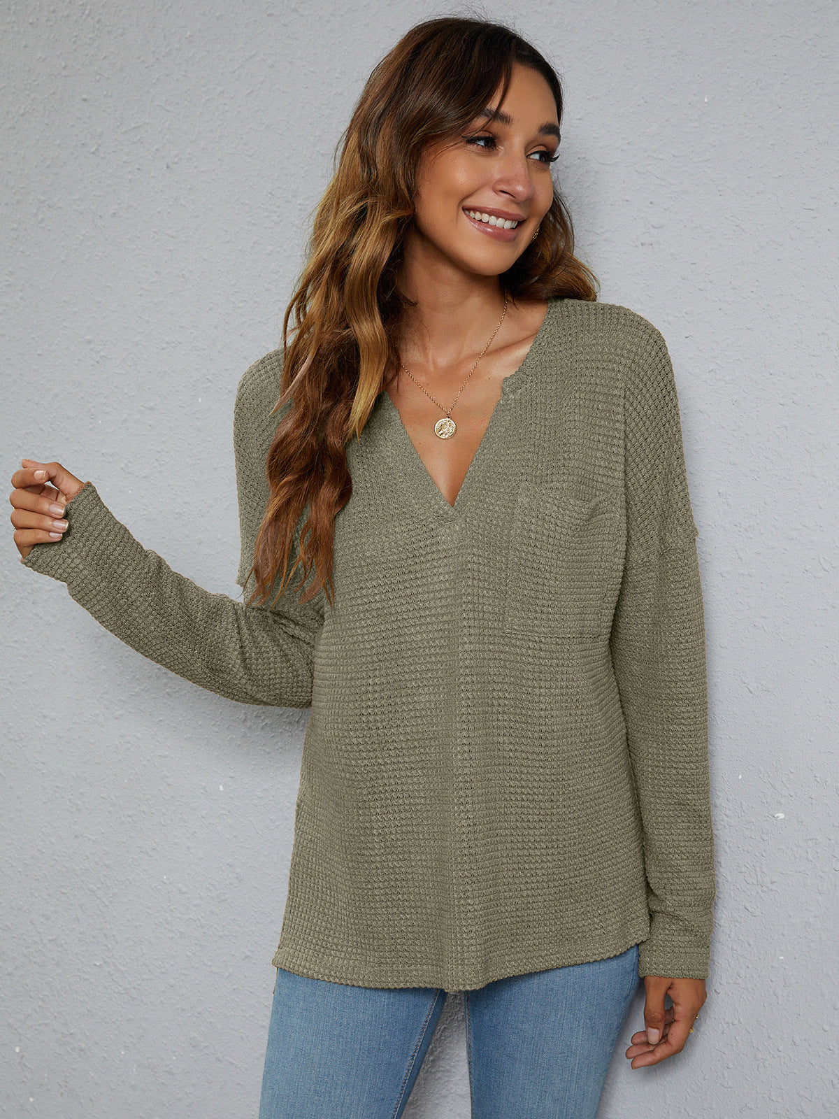 Dropped Shoulder High-Low Waffle-Knit Top, view 6