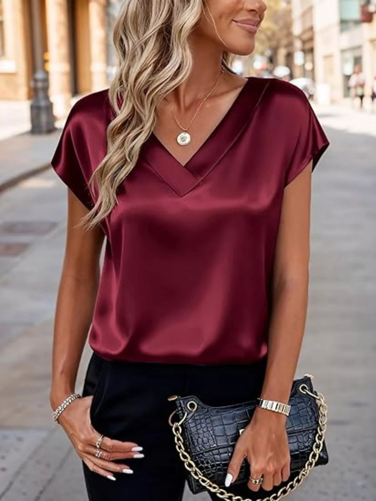 Satin V-Neck Short Sleeve Blouse - Lilixa.store