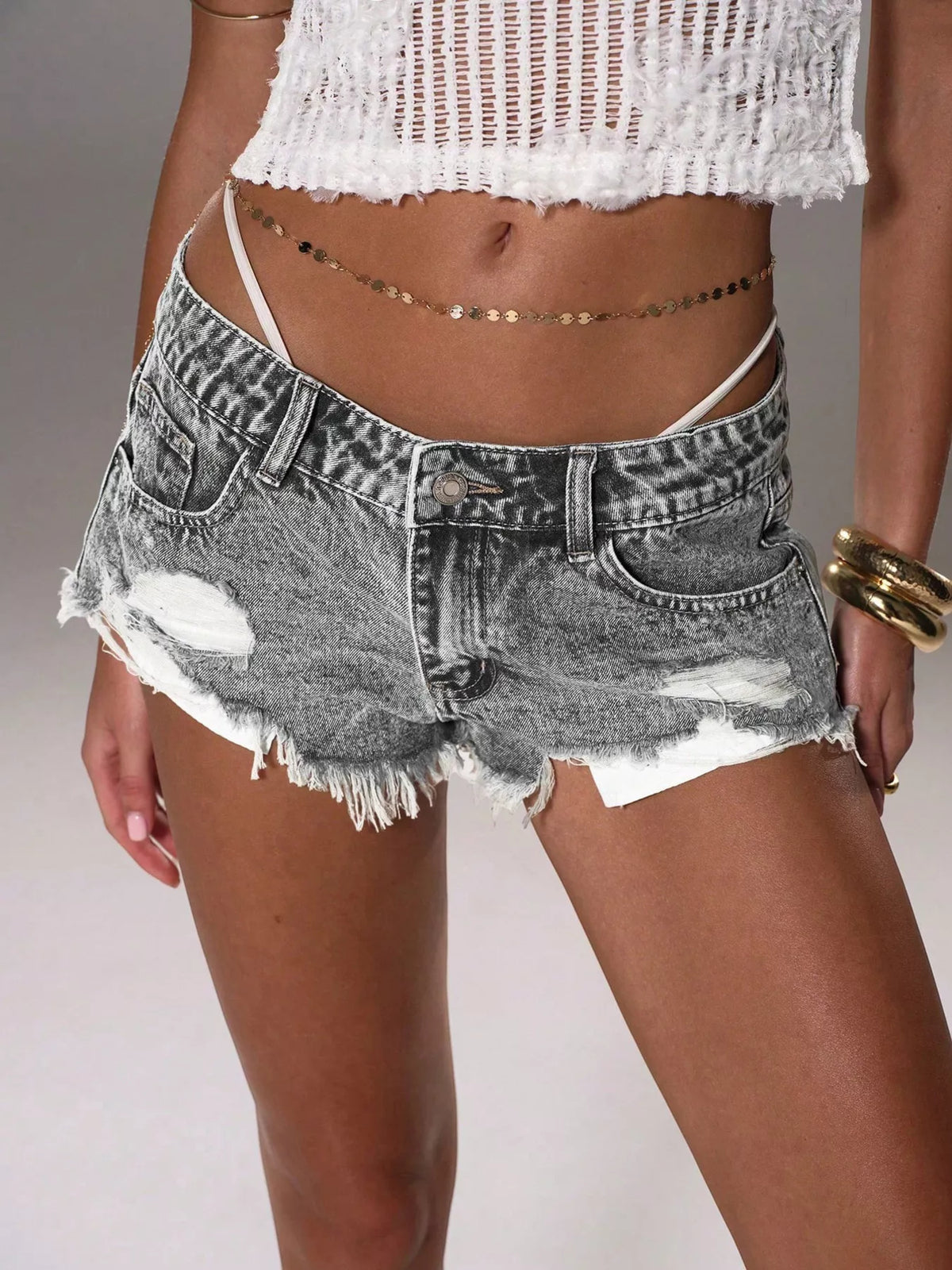 Distressed Acid Wash Denim Shorts in Light Gray, view 2