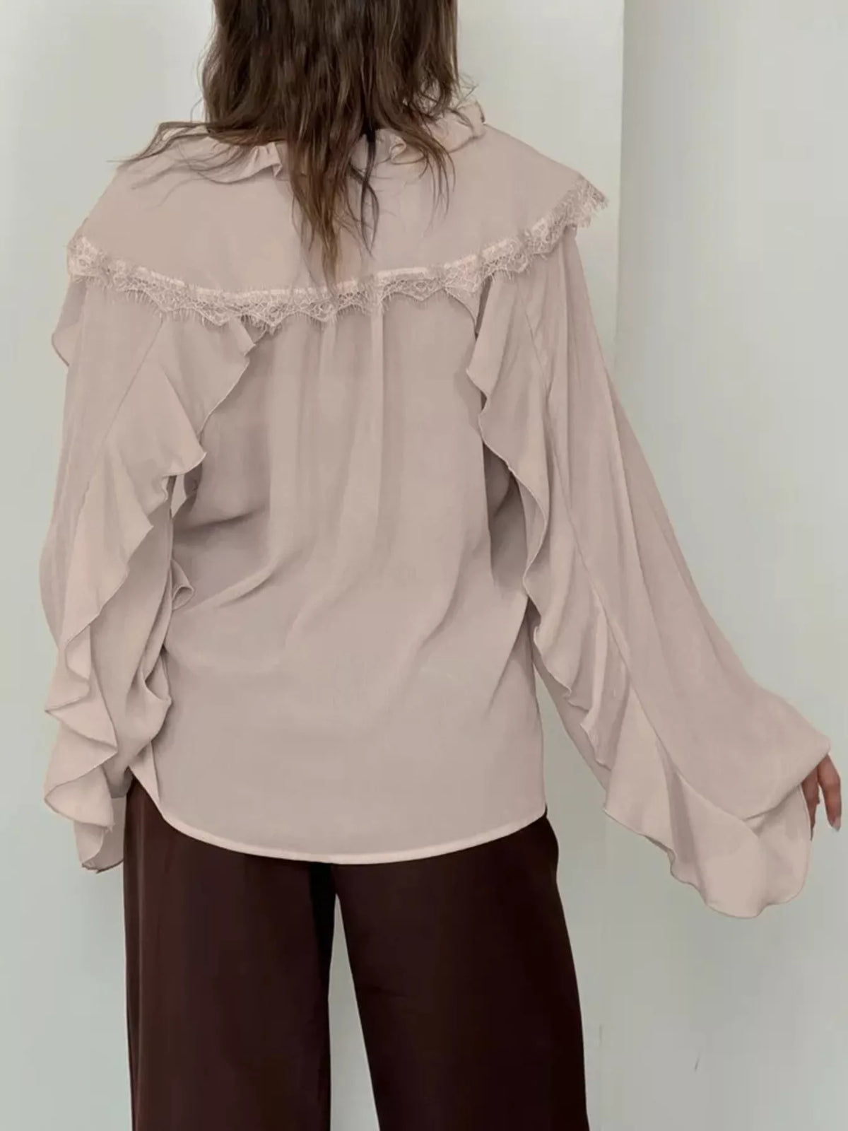 V-Neck Ruffled Lace Trim Blouse, view 2