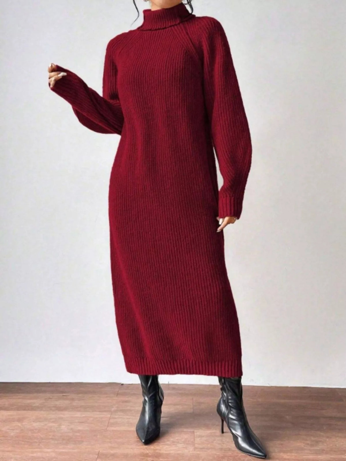 Turtleneck Ribbed Knit Midi Sweater Dress
