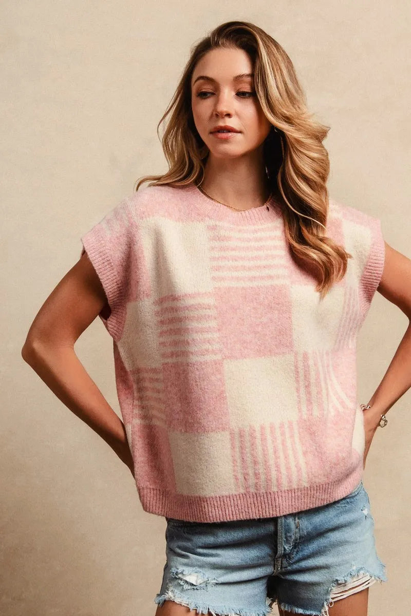 BiBi Checker With Stripes Pattern Sleeveless Sweater in Blush/Ivory, view 6