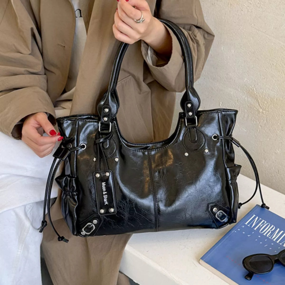 Drawstring Leather Handbag