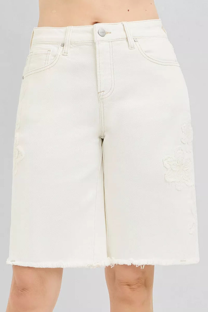 RISEN Slouchy Relaxed Floral Embroidered Bermuda Denim Shorts - Lilixa.store