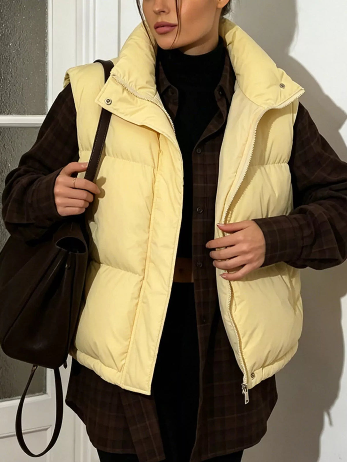 Snap-Button Placket Quilted Puffer Vest Coat in Yellow