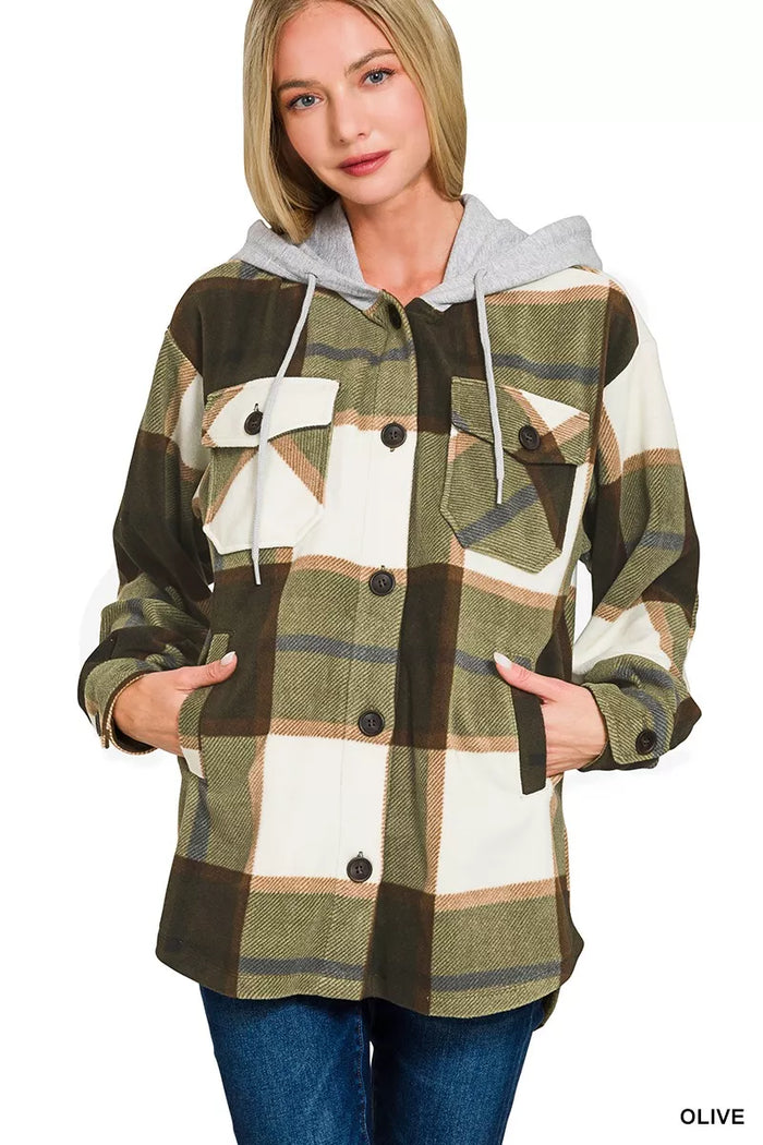 Zenana Plaid Drawstring Hooded Fleece Shacket in Olive