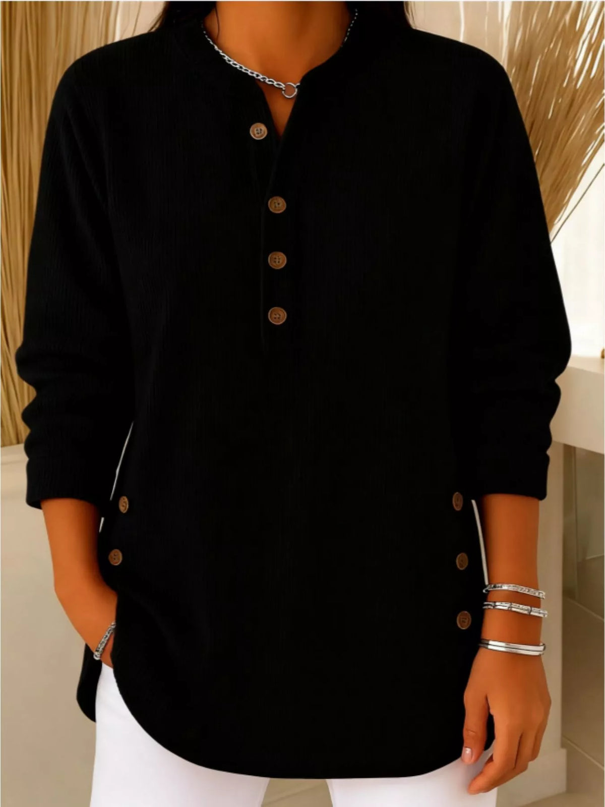 Full Size Button Detail Corduroy Top Plus Size