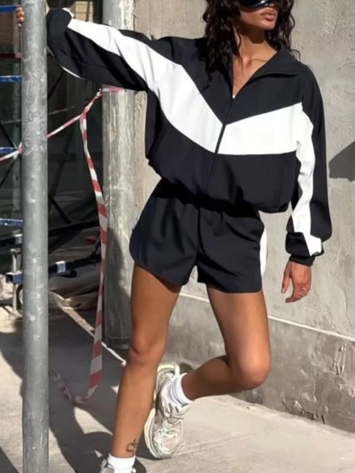 Color-Block Zip-Up Jacket and Shorts Set - Lilixa.store