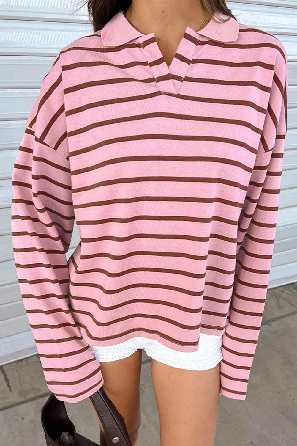 Stripe Striped Long Sleeve Collar Shift Top - Lilixa.store
