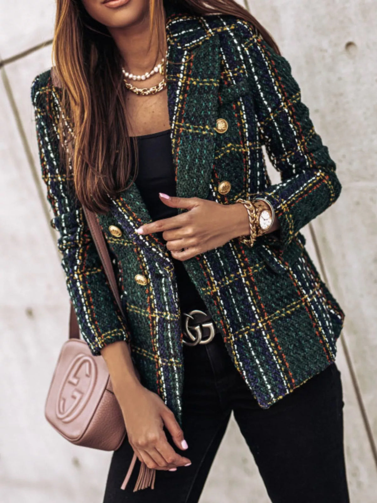 Full Size Plaid Tweed Double-Breasted Blazer Plus Size - Lilixa.store
