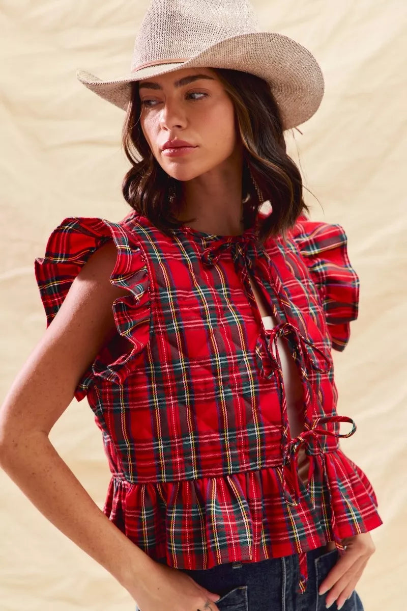 SO ME Christmas Holiday Plaid Ruffled Quilt Vest Top - Lilixa.store