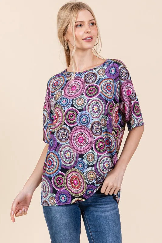 BOMBOM Printed Round Neck Half Sleeve Top - Lilixa.store