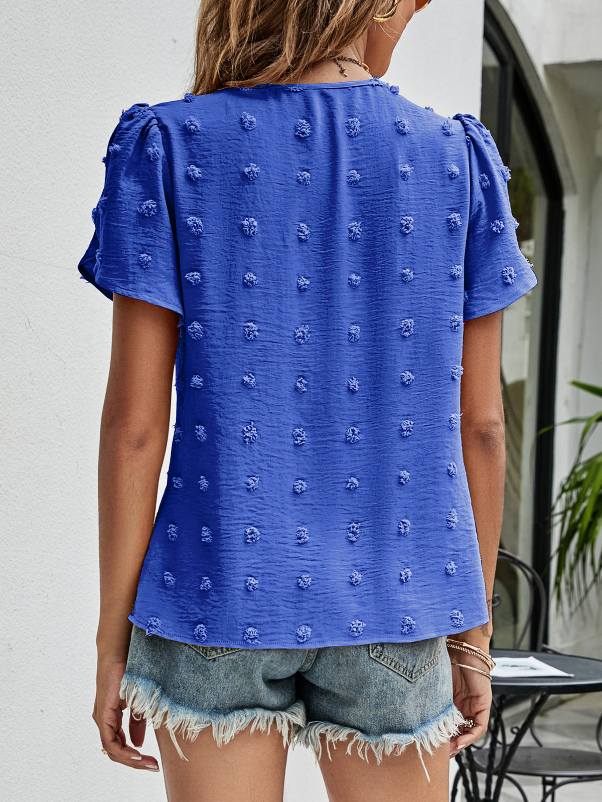 Swiss Dot Round Neck Petal Sleeve Top, view 16
