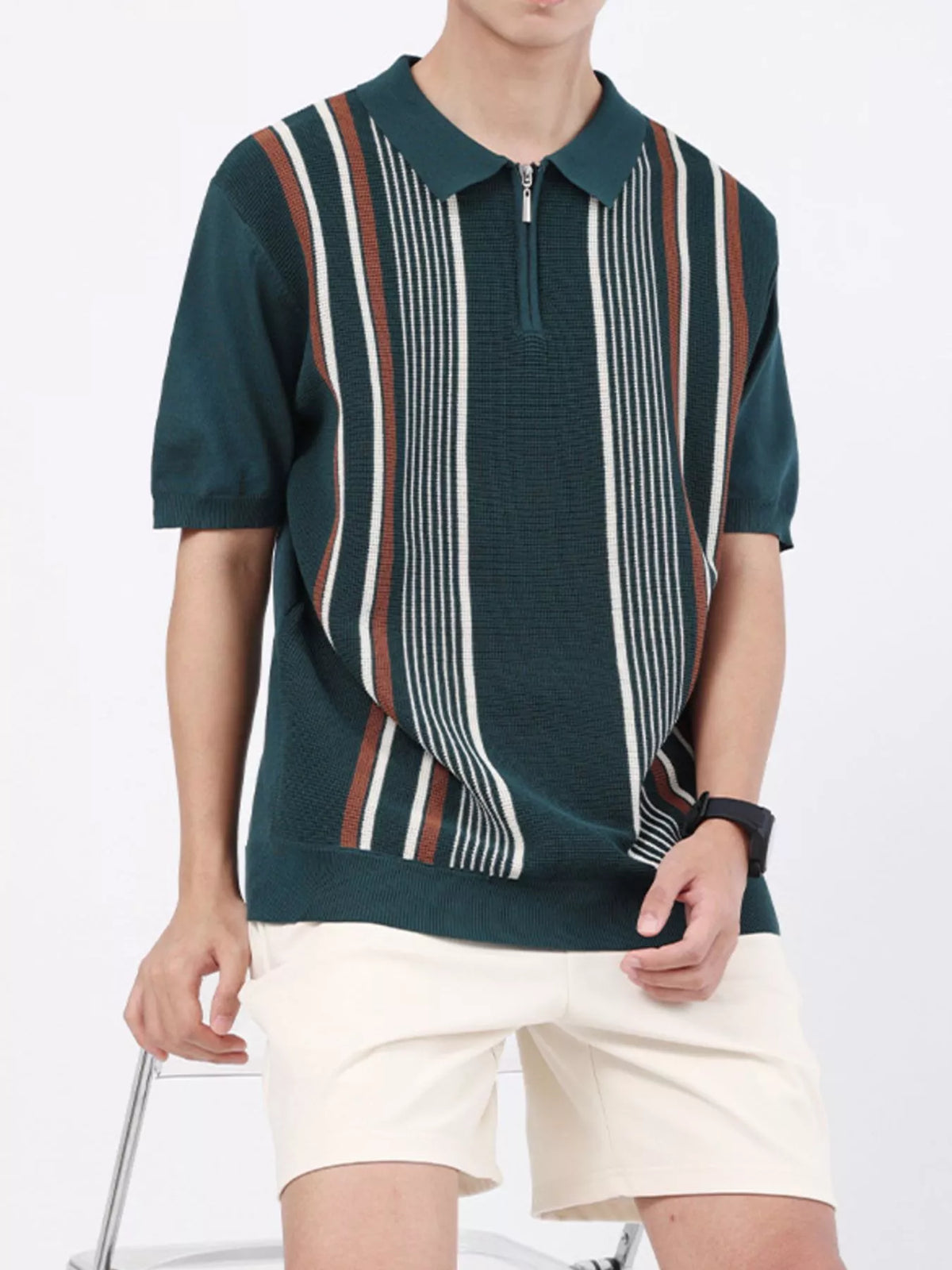 Men's Striped Knit Zipper Polo Plus Size, view 5