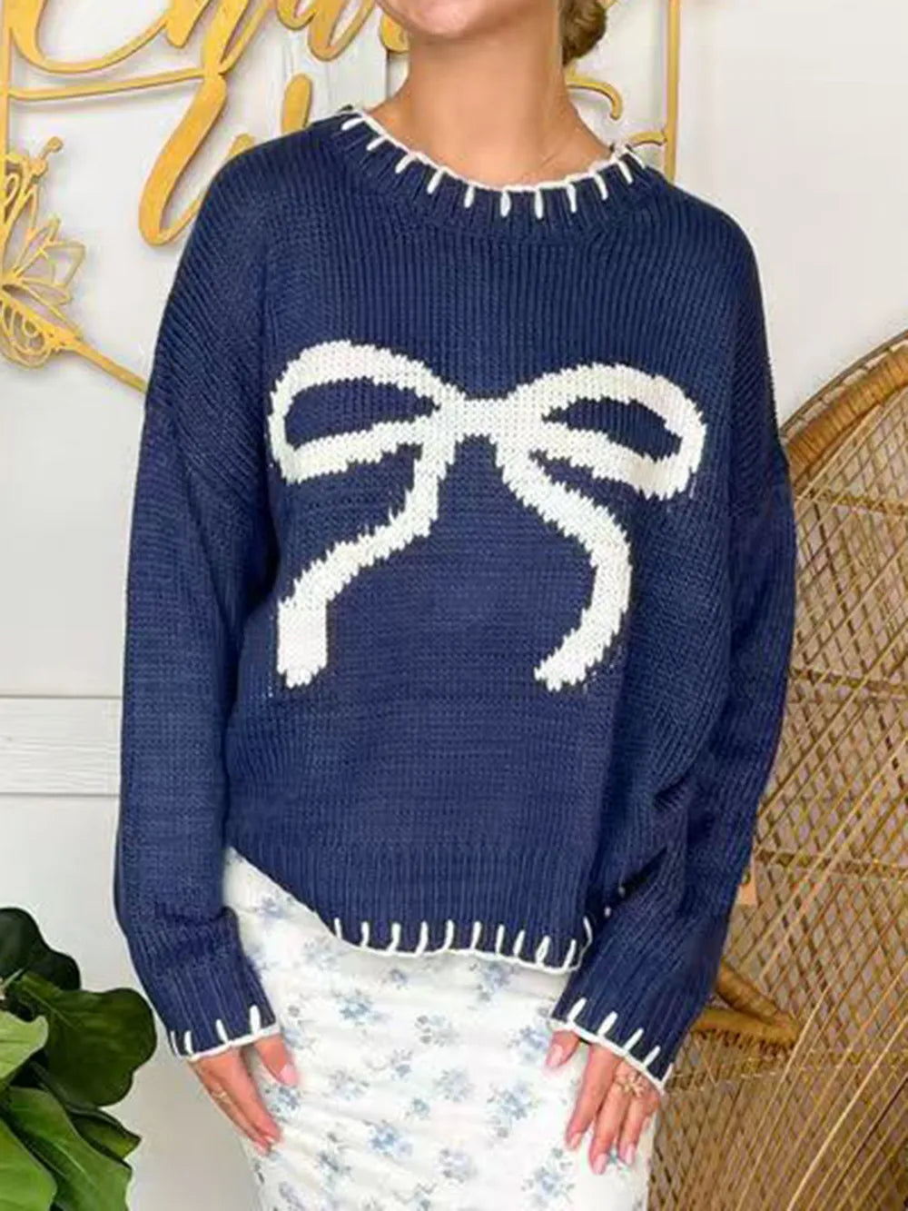 Bow Round Neck Long Sleeve Sweater - Lilixa.store