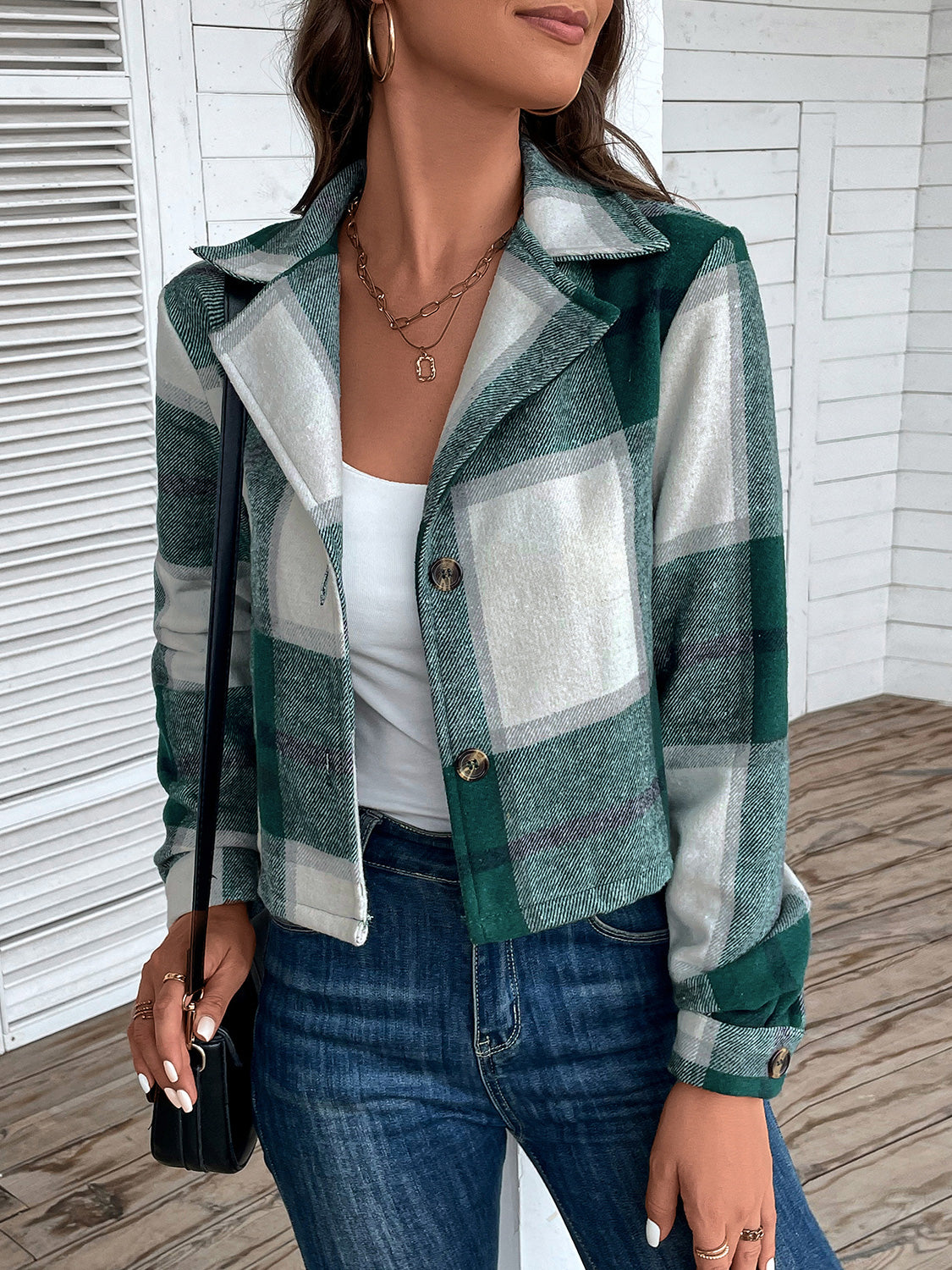 Perfee Plaid Collared Neck Button Up Long Sleeve Jacket in Green, view 5