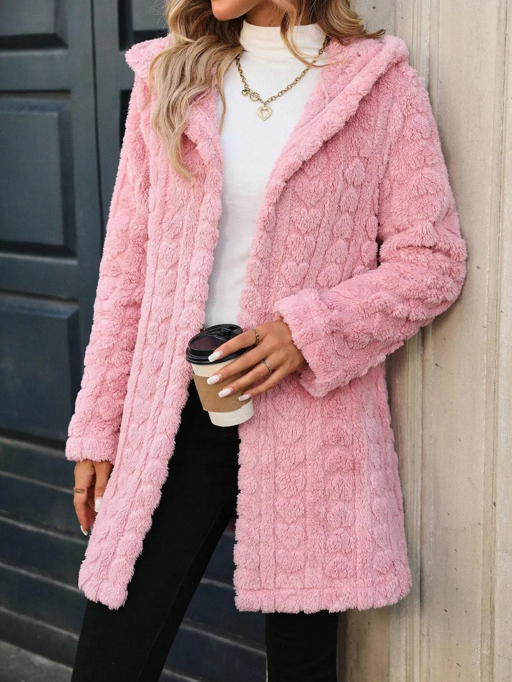 Heart Open Front Hooded Fuzzy Coat in Blush Pink