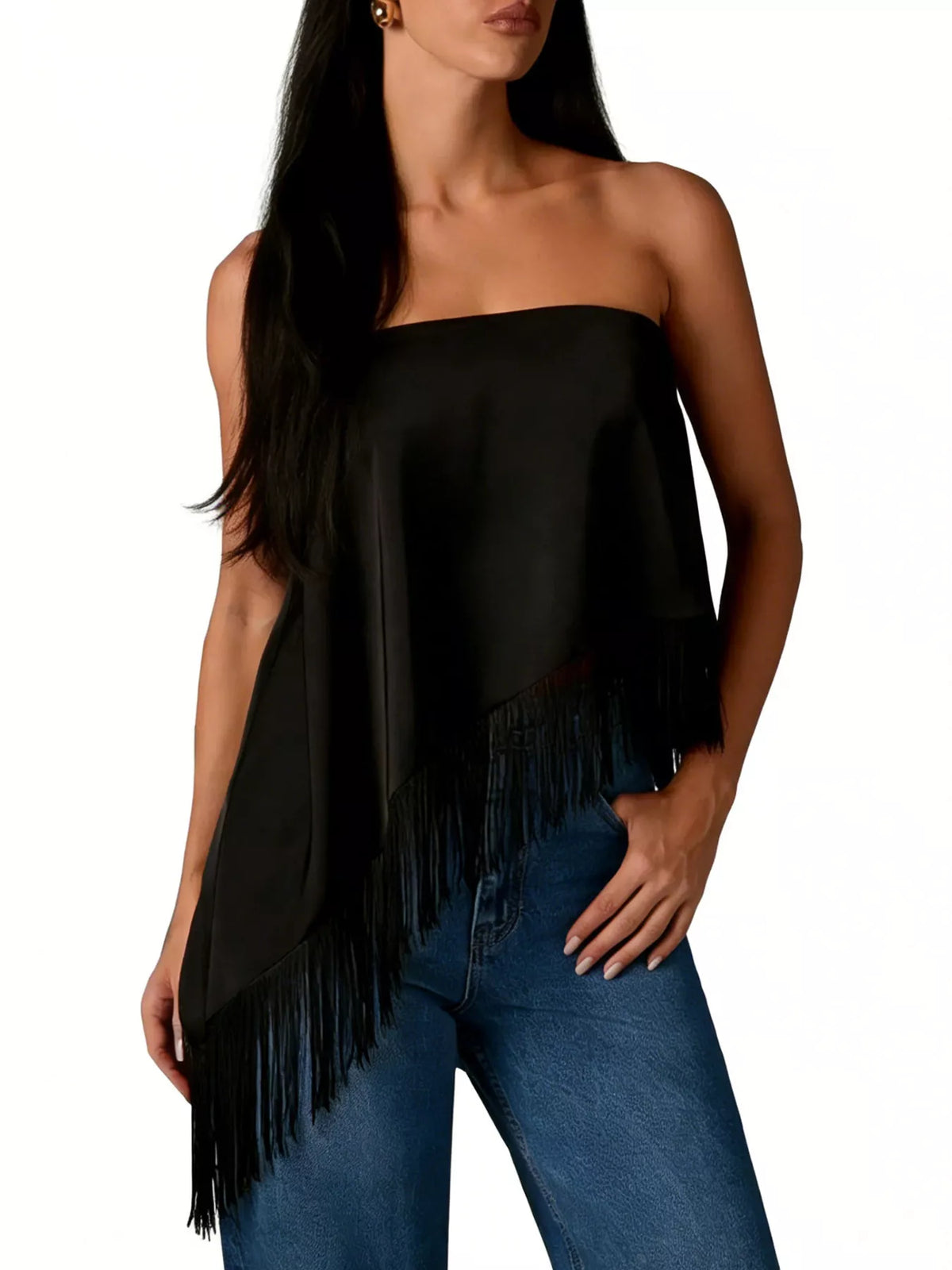 Asymmetric Fringe Tube Top in Black