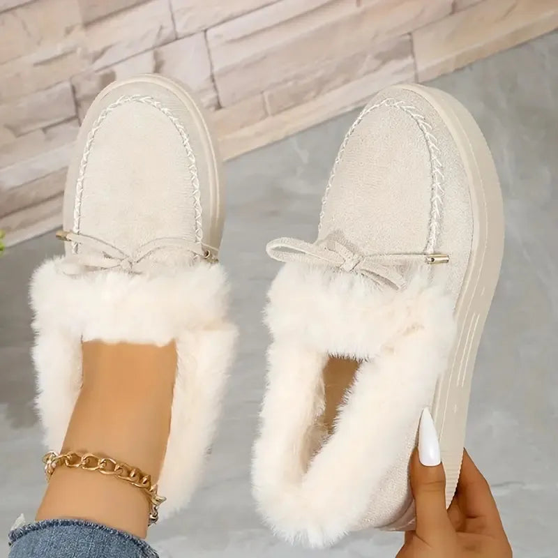 Bow Furry Round Toe Flat Slip-Ons in Beige