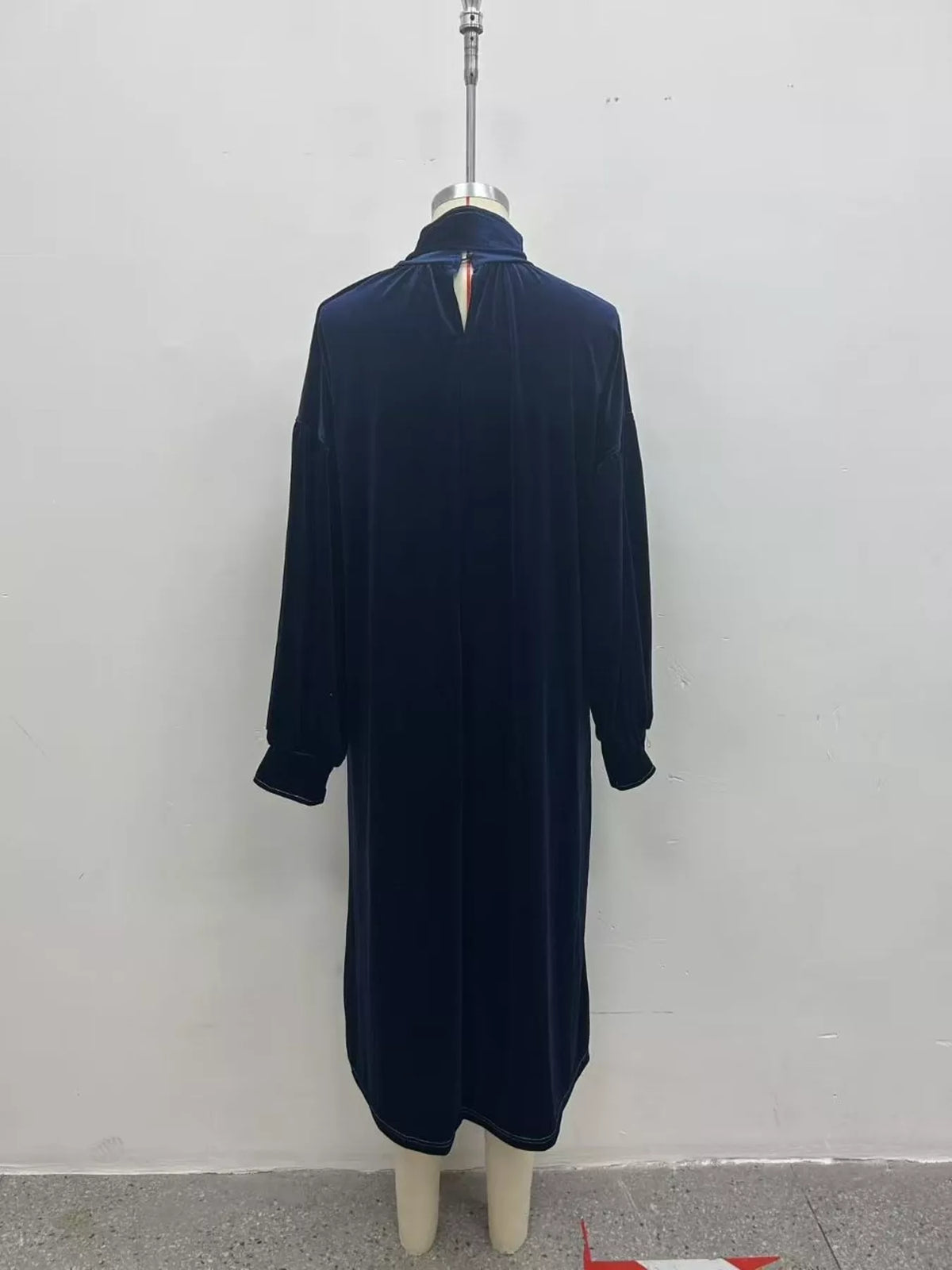Full Size Velvet Tie-Neck Lantern Sleeve Midi Dress Plus Size