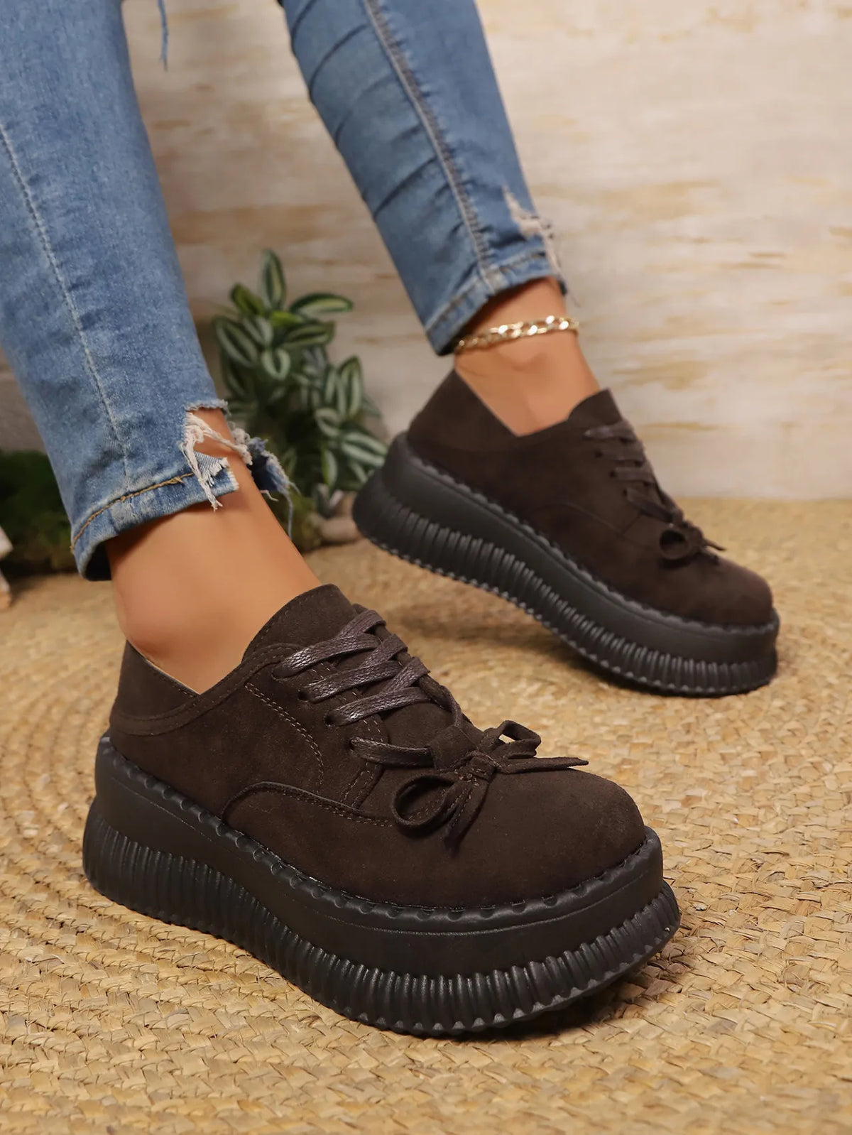 Lace Up Platform Loafers in Coffee Brown