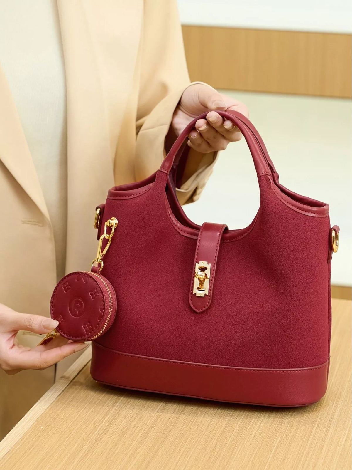 Suede Crossbody Bag with Detachable Coin Pouch in Wine Red, view 8