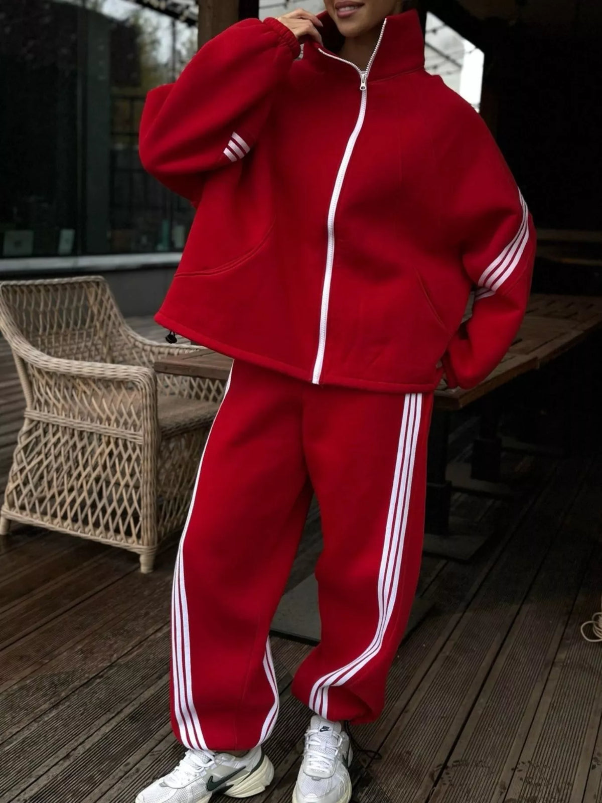 Contrast Striped Zip Up Top and Pants Set - Lilixa.store
