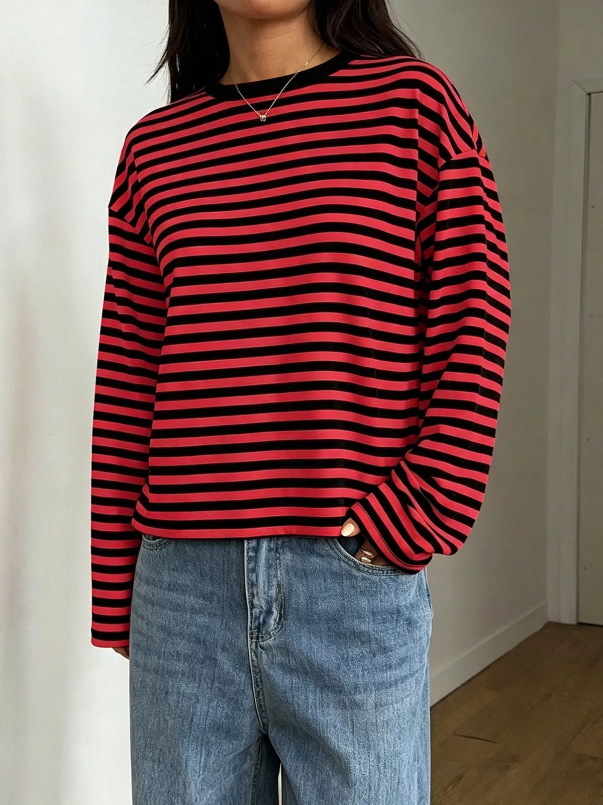 Full Size Casual Long-Sleeve Striped Crew Neck T-Shirt Plus Size in Red