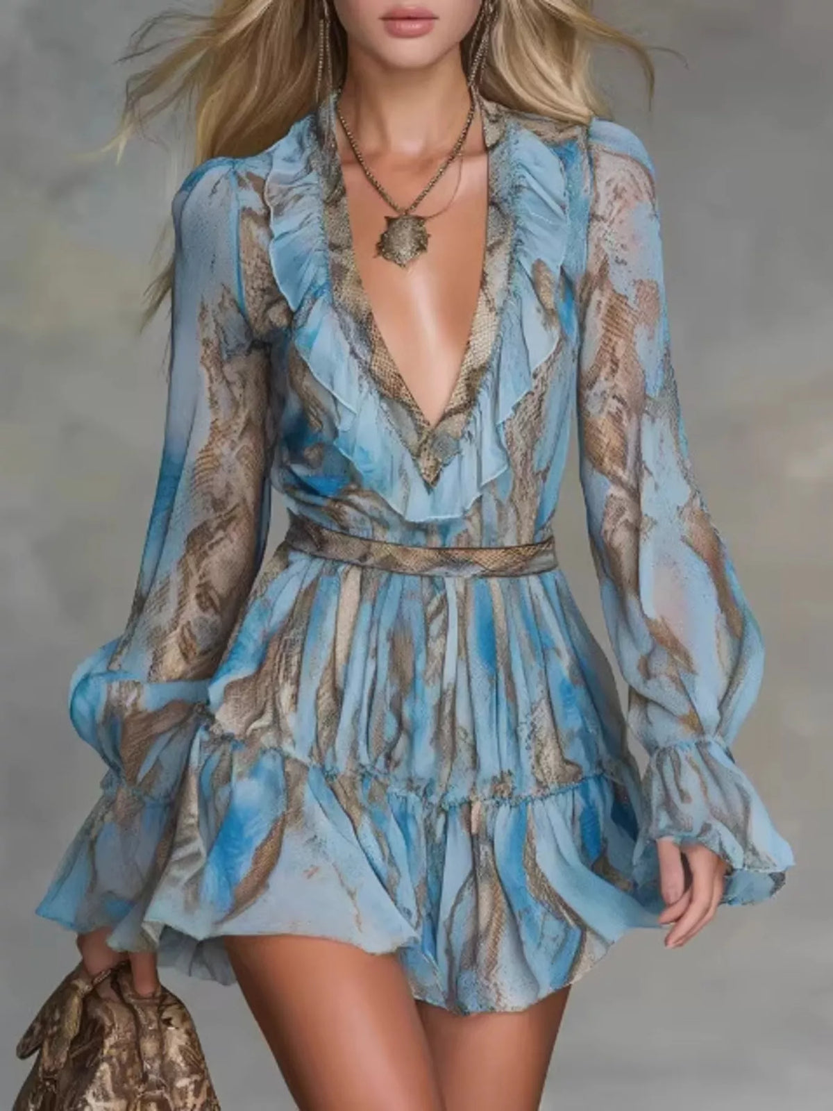 Boho Chic V-Neck Ruffled Long Sleeve Mini Dress in Pastel Blue