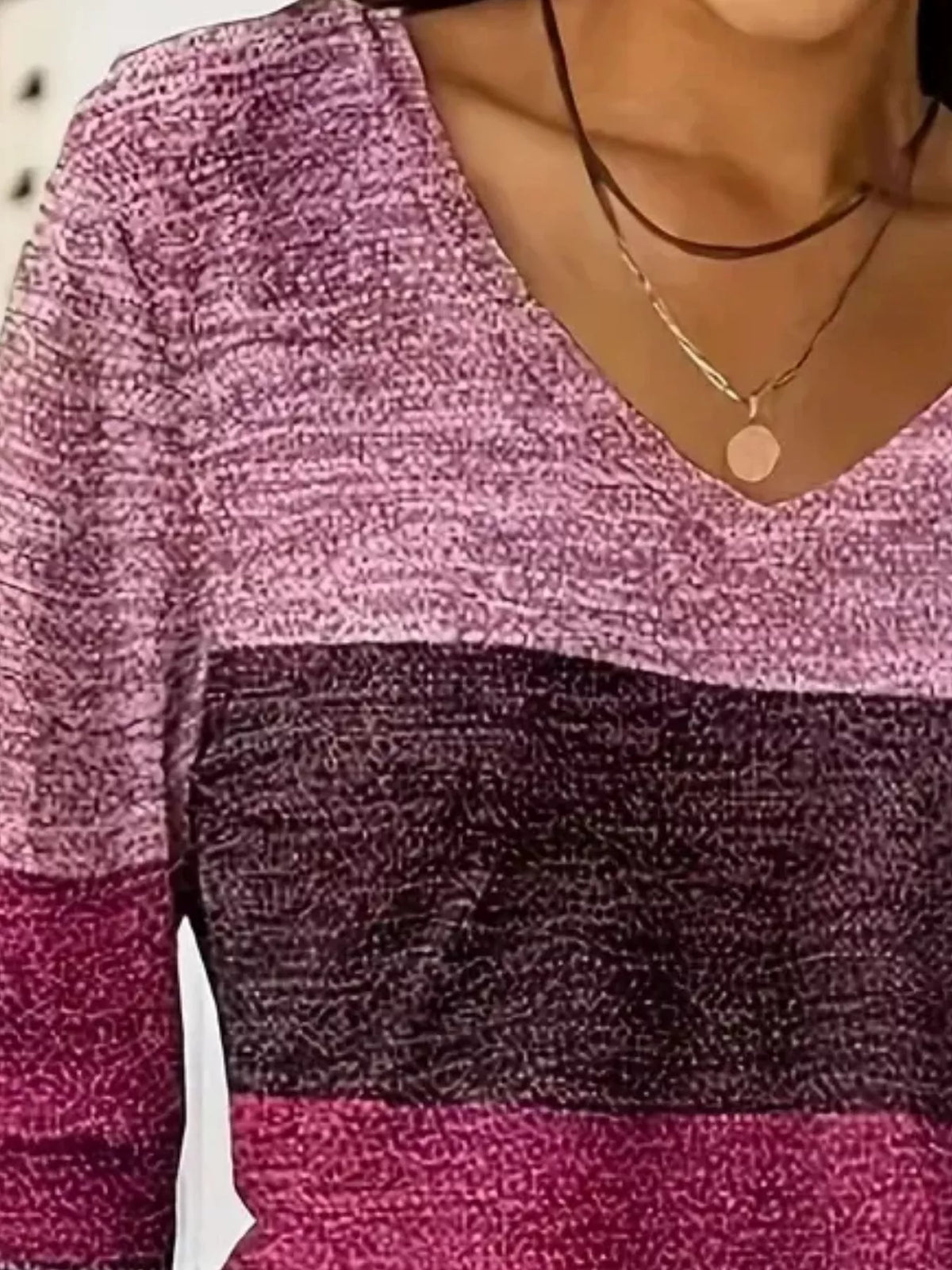V-Neck Color Block Long Sleeve Casual T-Shirt - Lilixa.store