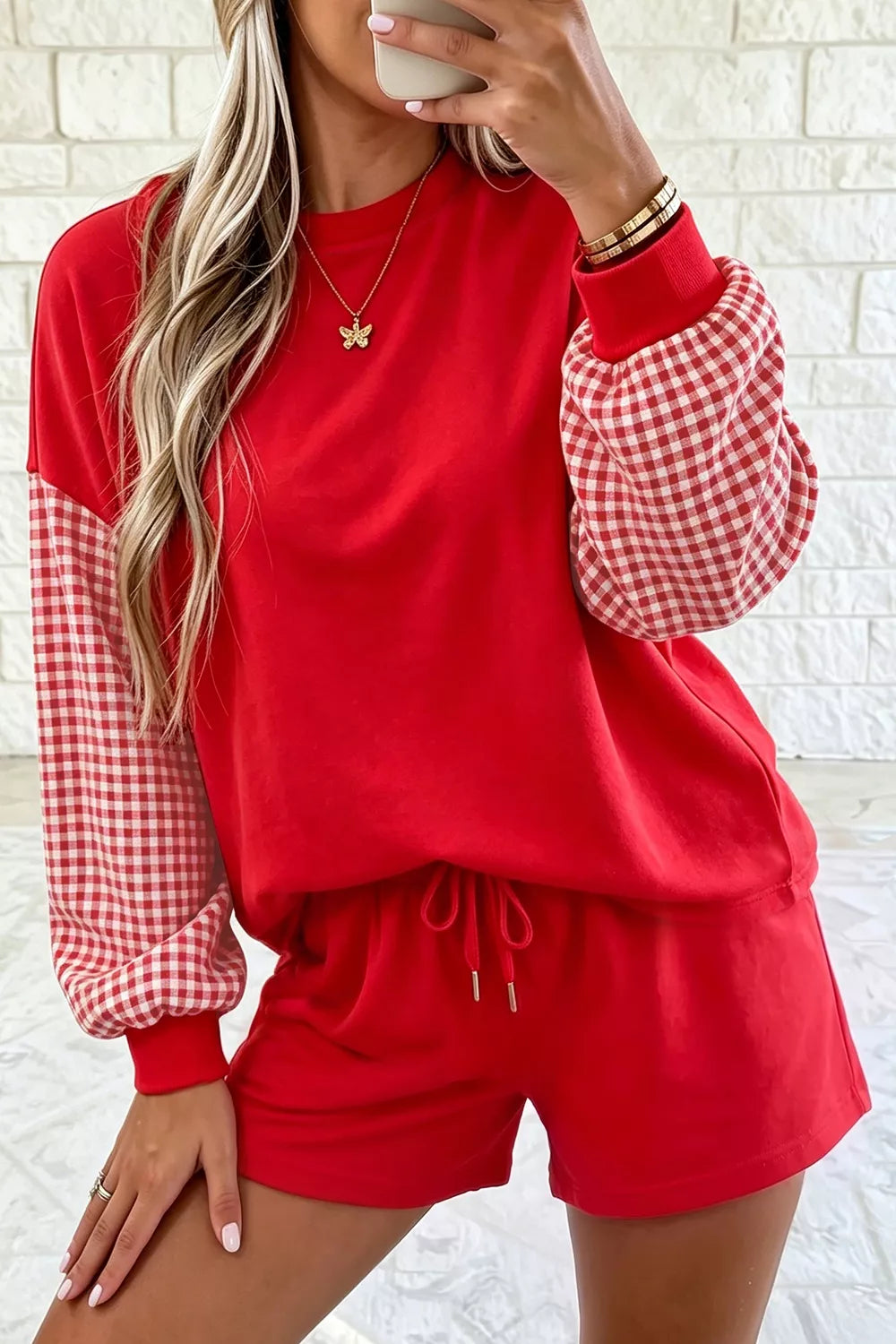 Gingham Patchwork Long Sleeve Sweatshirt and Shorts Set - Lilixa.store