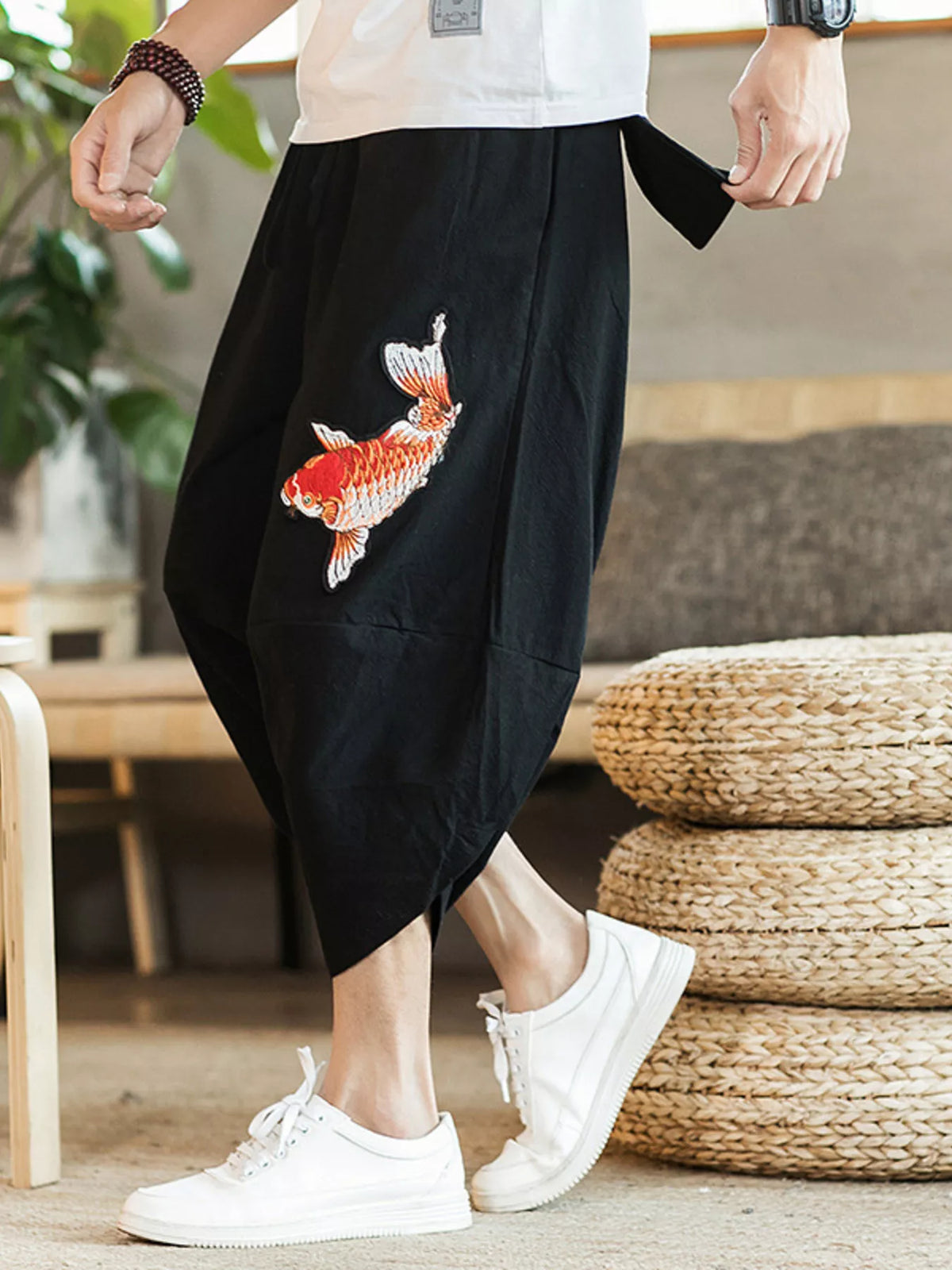 Men's Plus Size Embroidered Koi Fish Harem Pants in Black