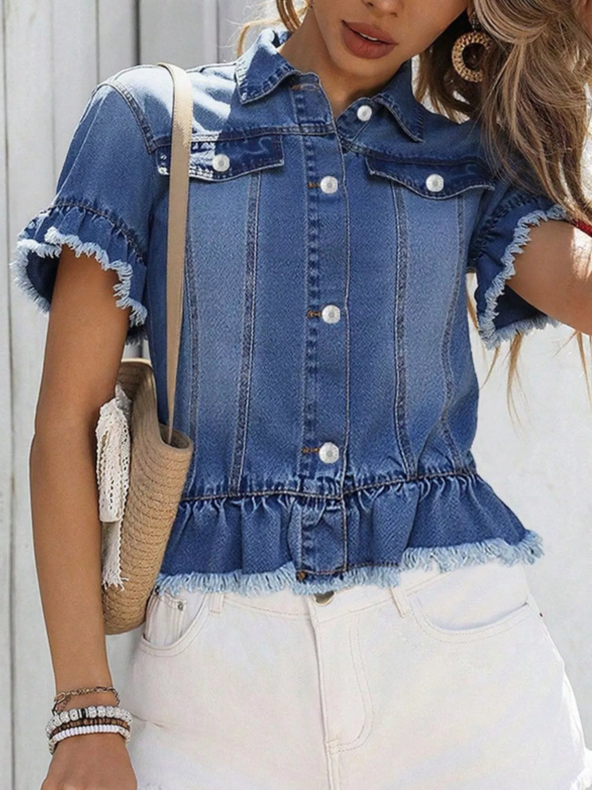 Ruffle Hem Short Sleeve Denim Jacket in Blue, view 3