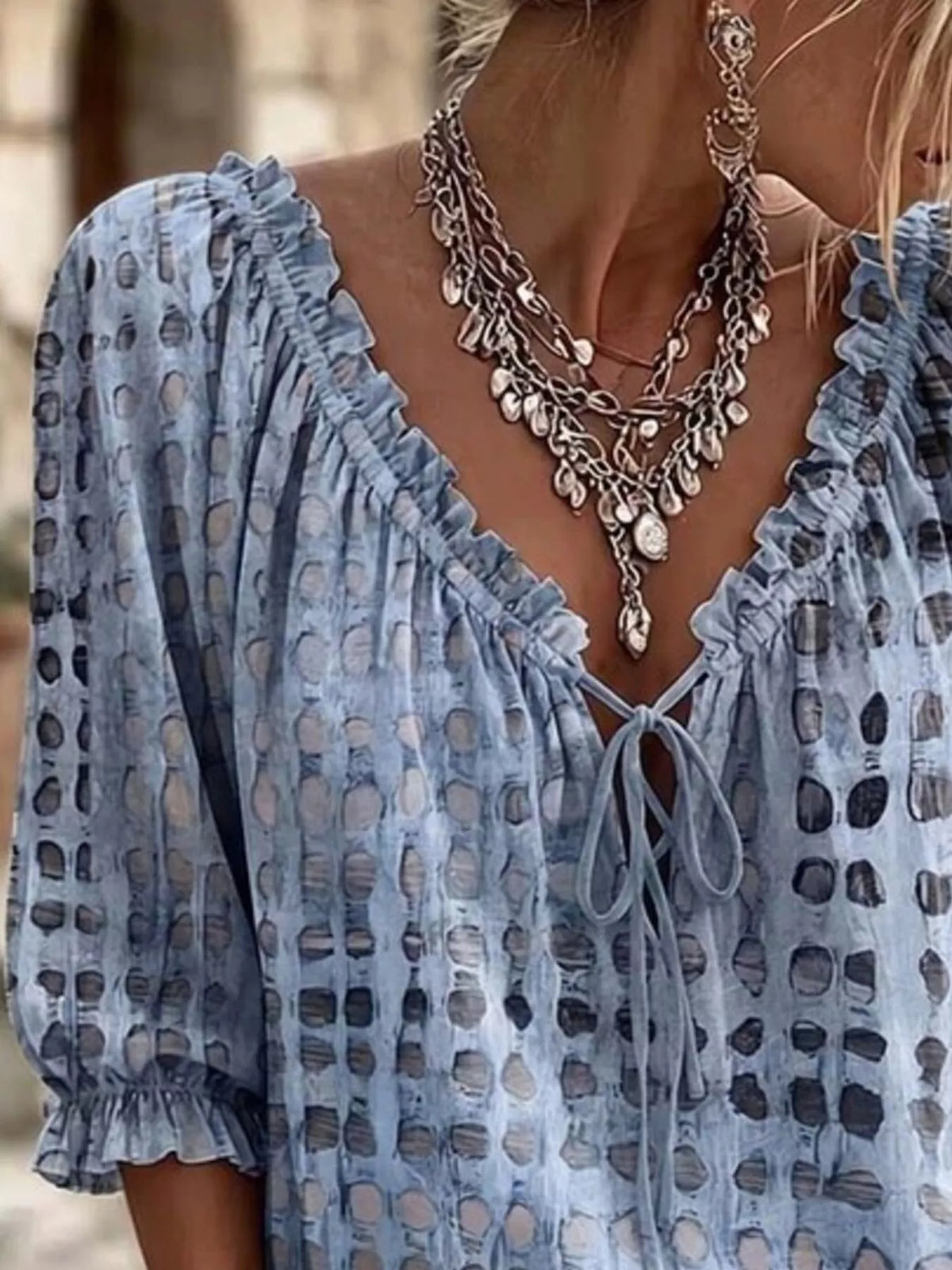 Full Size Tie Neck 3/4 Sleeve Blouse Plus Size
