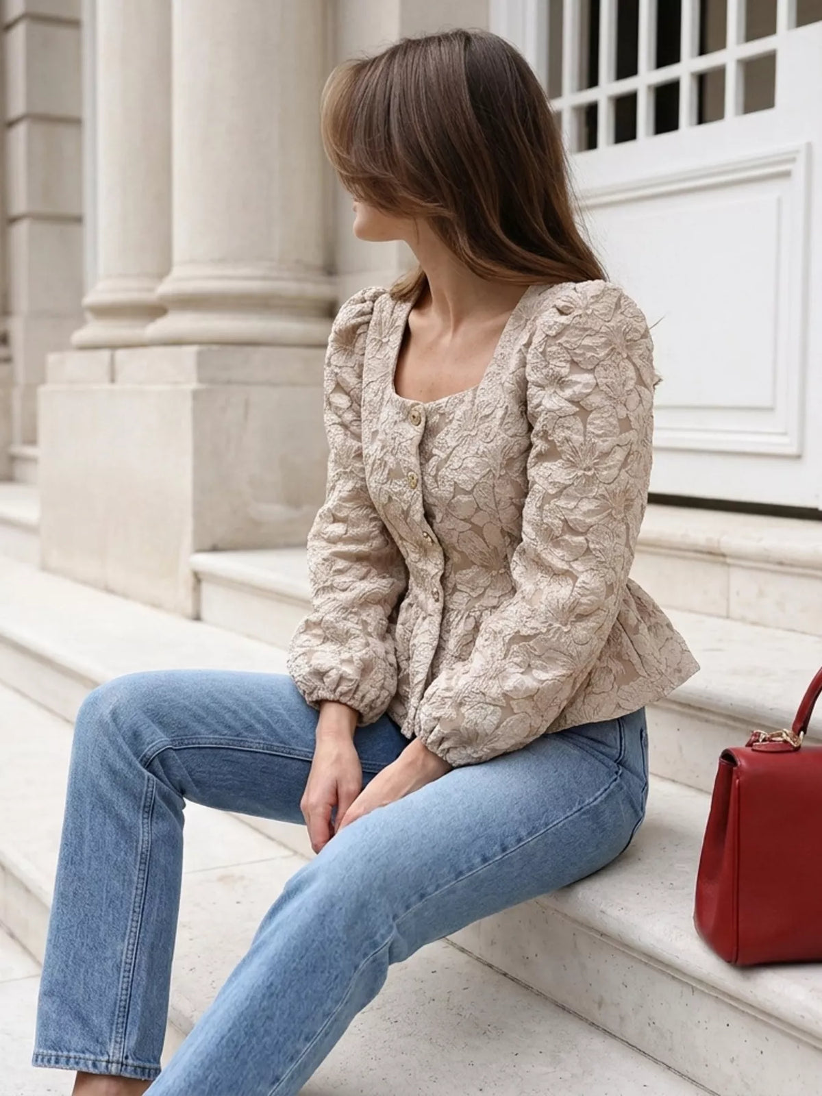 Square Neck Textured Peplum Blouse, view 13