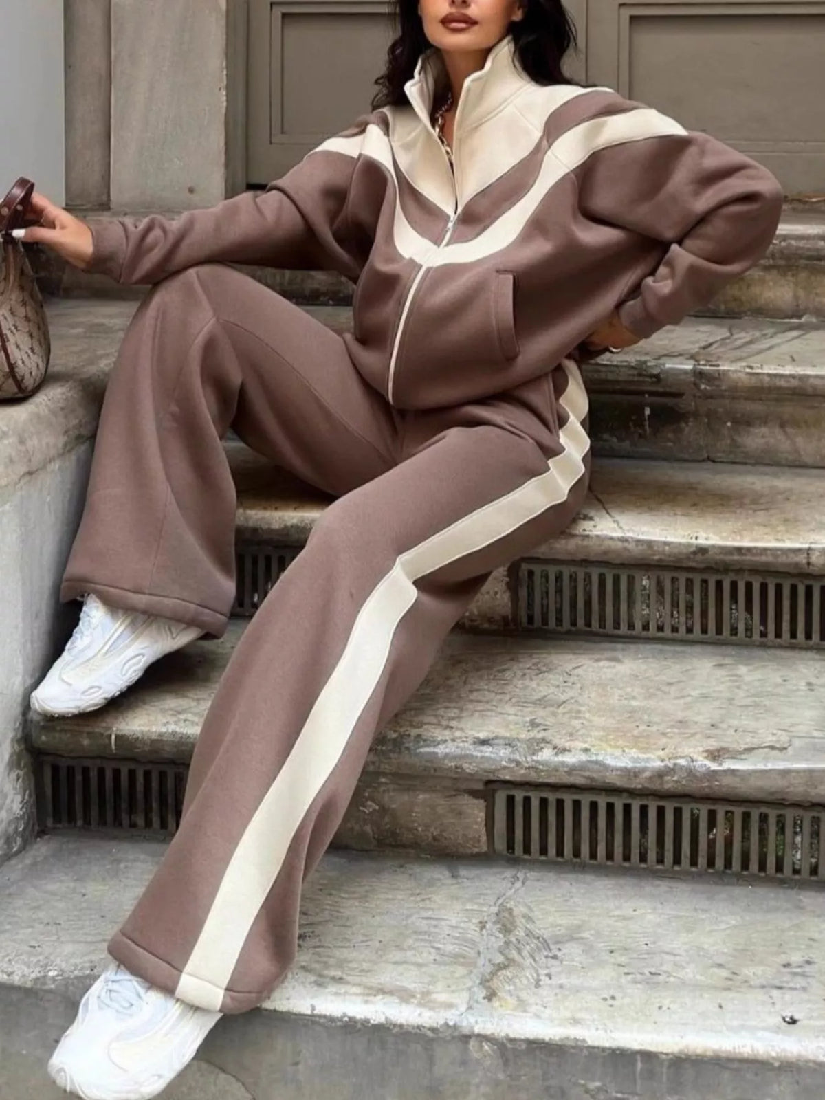 Color Block Zip-Up Outerwear and Pants Set - Lilixa.store