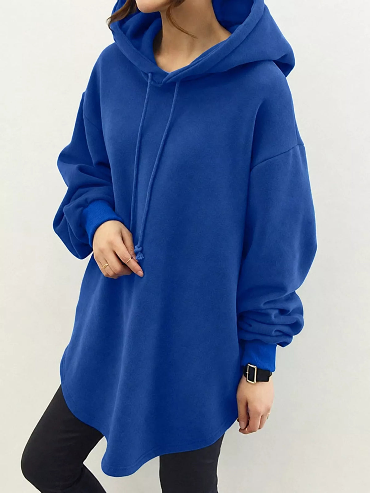 Full Size Drawstring Dropped Shoulder Hoodie Plus Size in Blue