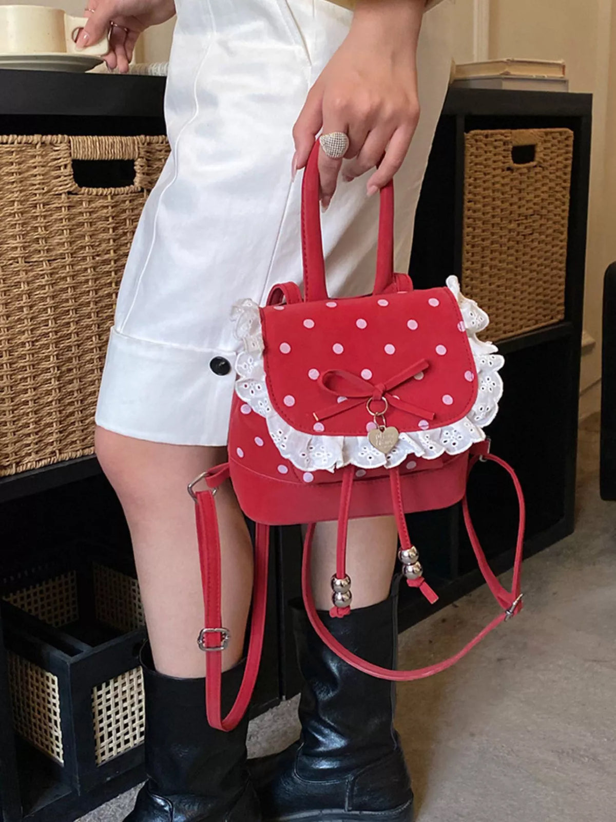 Polka Dot Lace Trim Backpack Bag - Lilixa.store