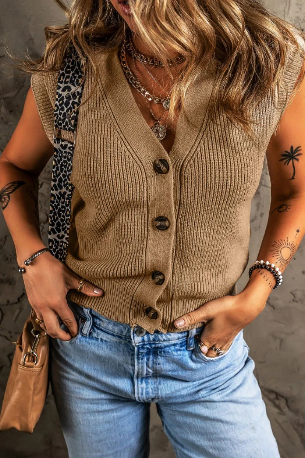 Button Up V-Neck Sweater Vest in Camel, view 2