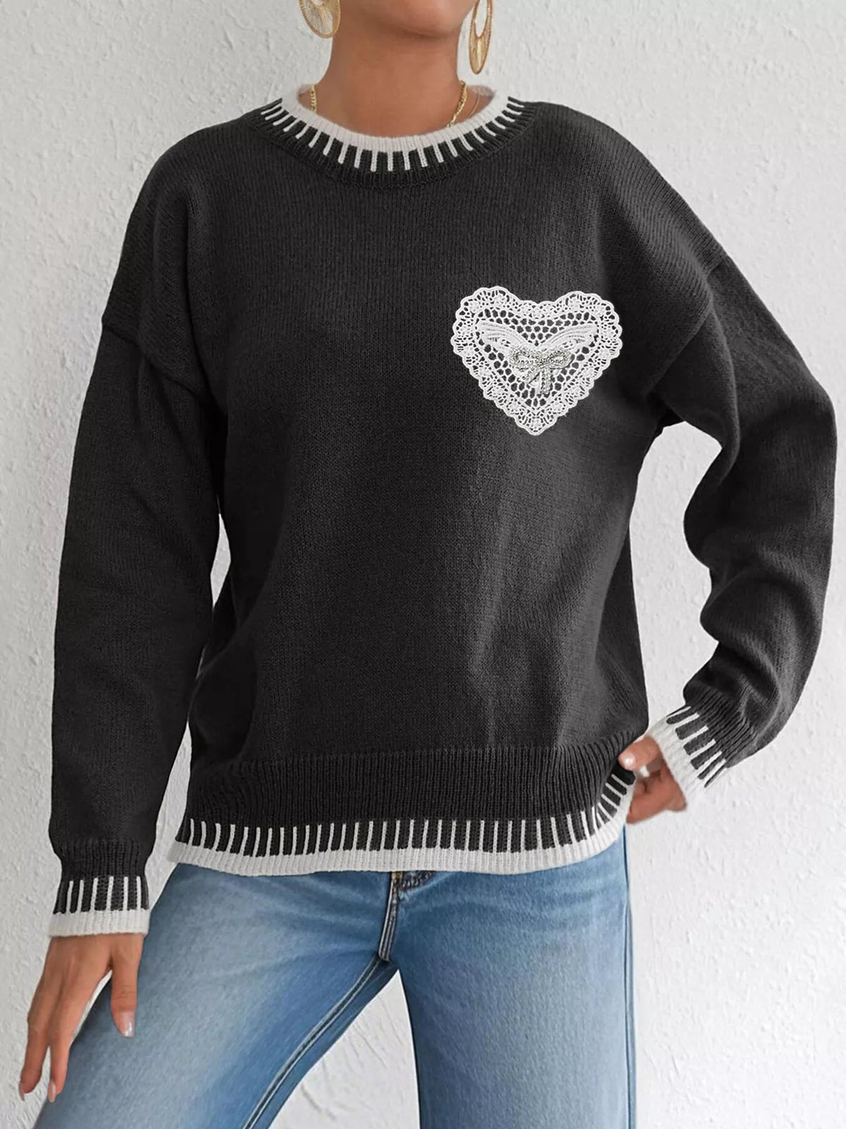 Lace Heart Contrast Trim Sweater