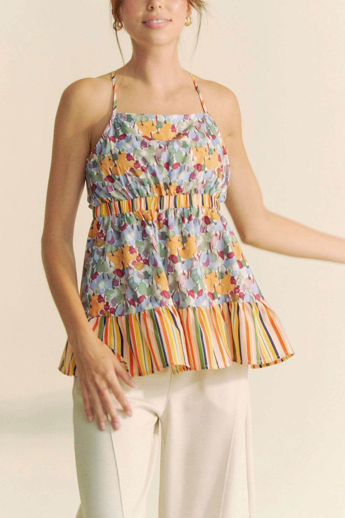 Davi & Dani Floral Smocked Sleeveless Ruffle Back Tie Top - Lilixa.store