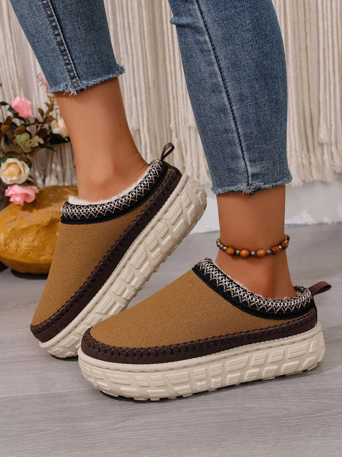 Embroidered Trim Round Toe Platform Boots, view 9