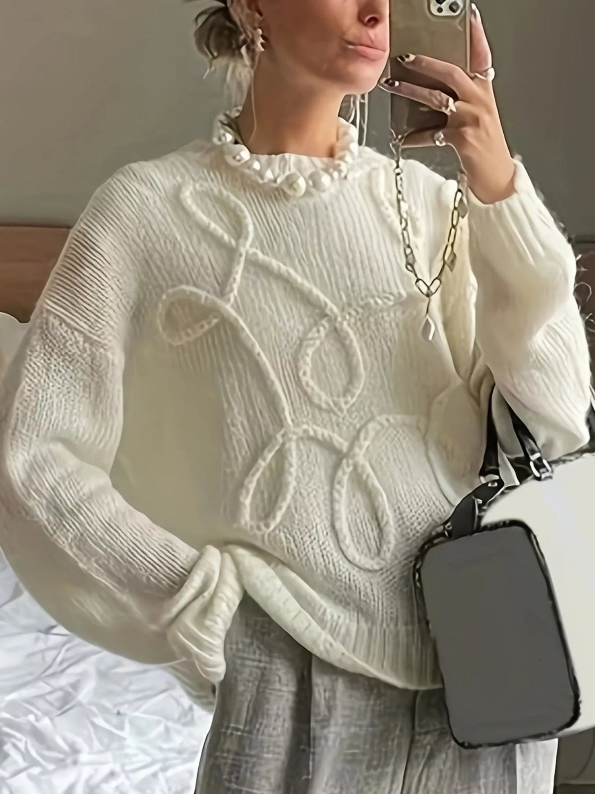 Plus Size Drop Shoulder Textured Sweater with Embossed Rope Detail in Cream, view 2