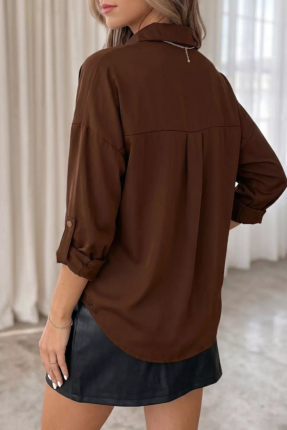 Multi Button Decoration Tab Long Sleeve Casual Shirt in Dark Brown, view 6