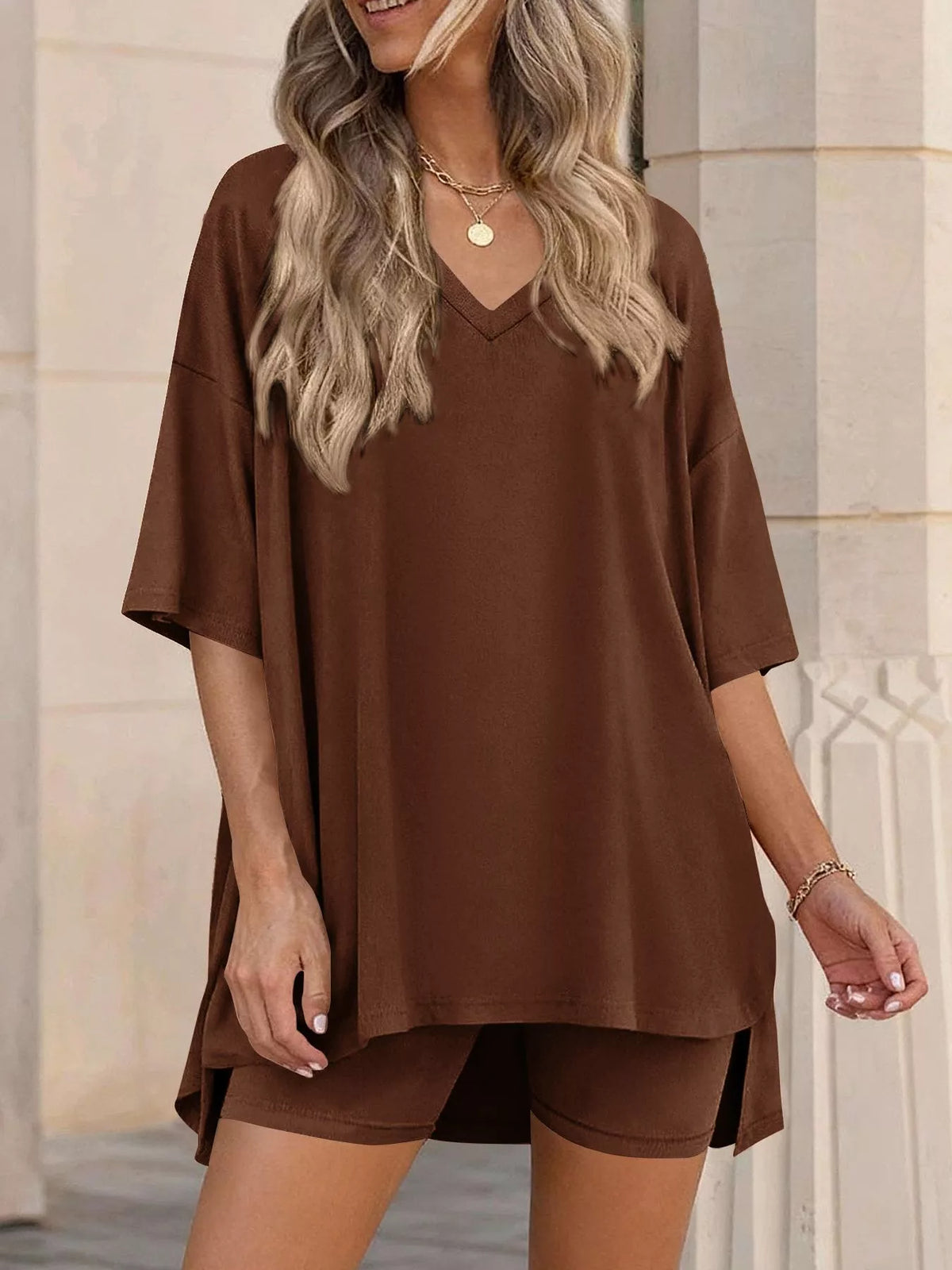 Full Size Casual Loose V-Neck T-Shirt & Shorts Set Plus Size - Lilixa.store