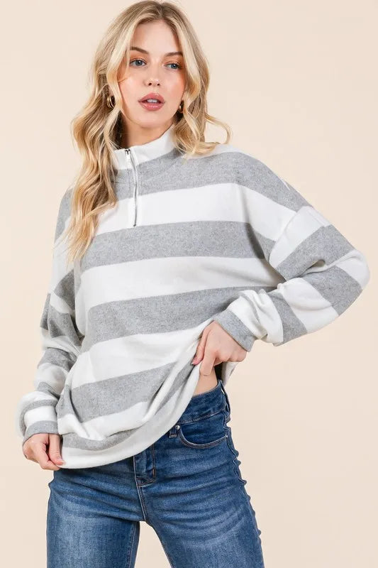 BOMBOM Striped Quarter Zip Drop Shoulder Sweatshirt - Lilixa.store