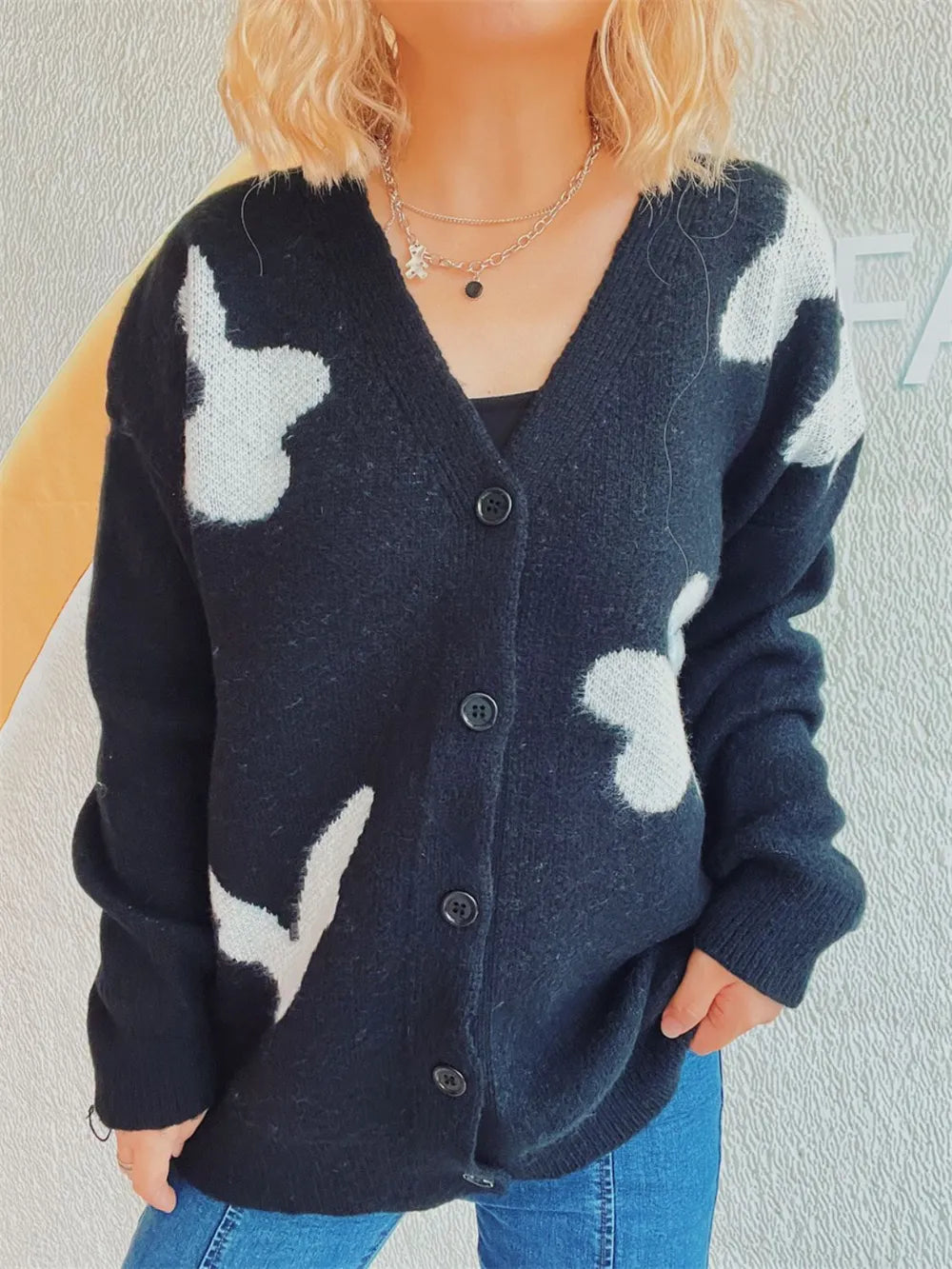 Flower Button Down V-Neck Long Sleeve Cardigan - Lilixa.store