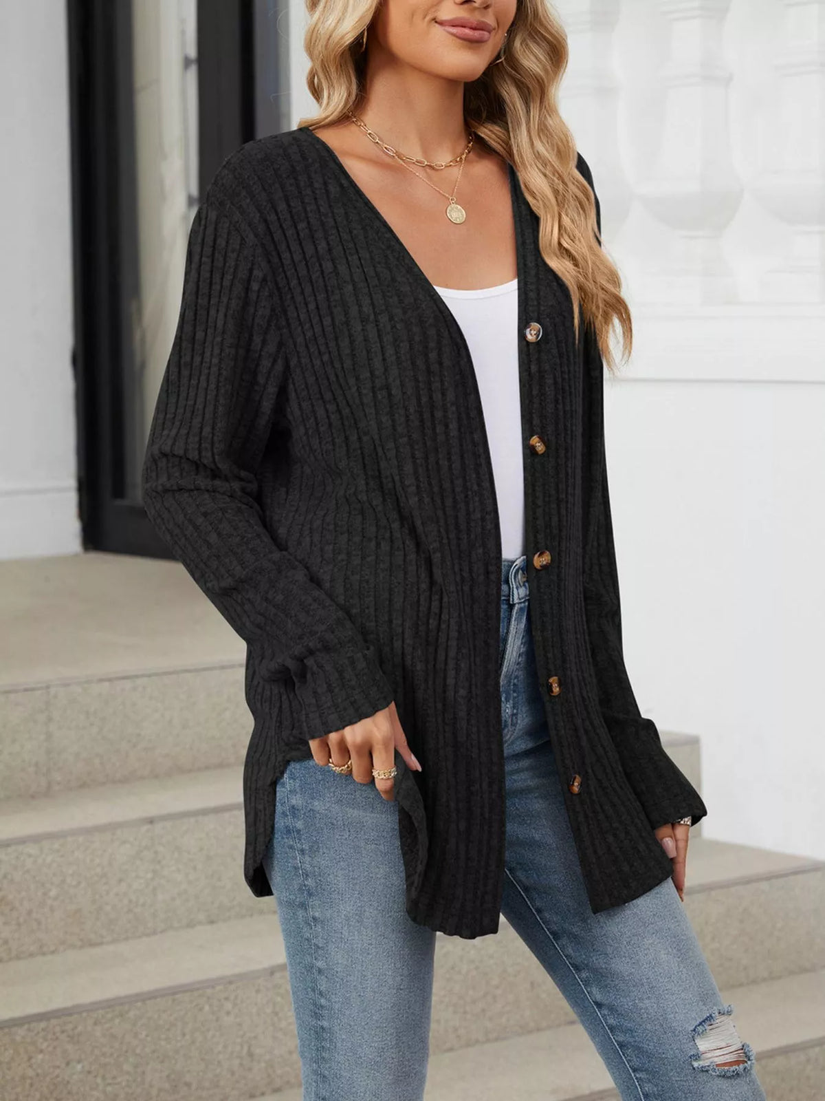 Ribbed Button-Up Cardigan - Lilixa.store