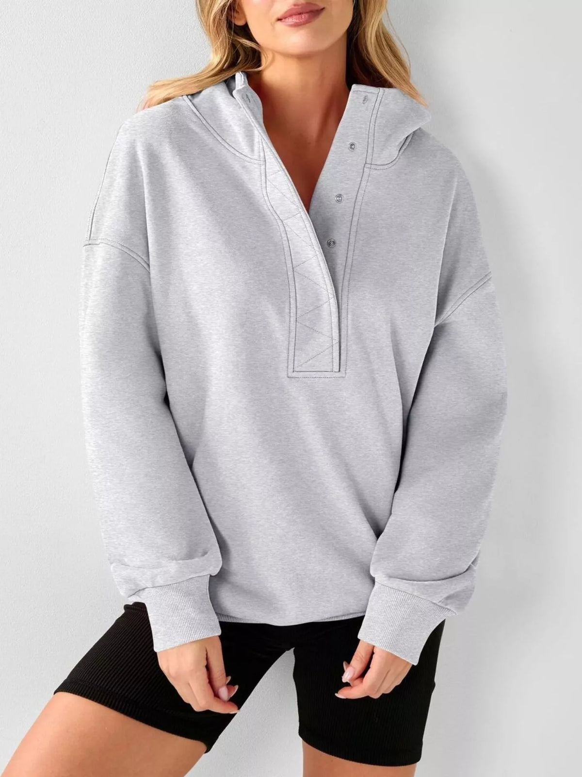 Half Snap Dropped Shoulder Hoodie - Lilixa.store